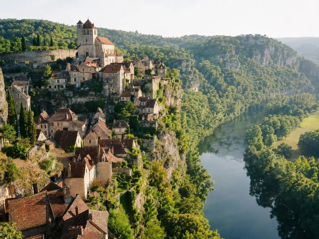Saint-Cirq-Lapopie, village perch&eacute; au-dessus du Lot, vu depuis la route